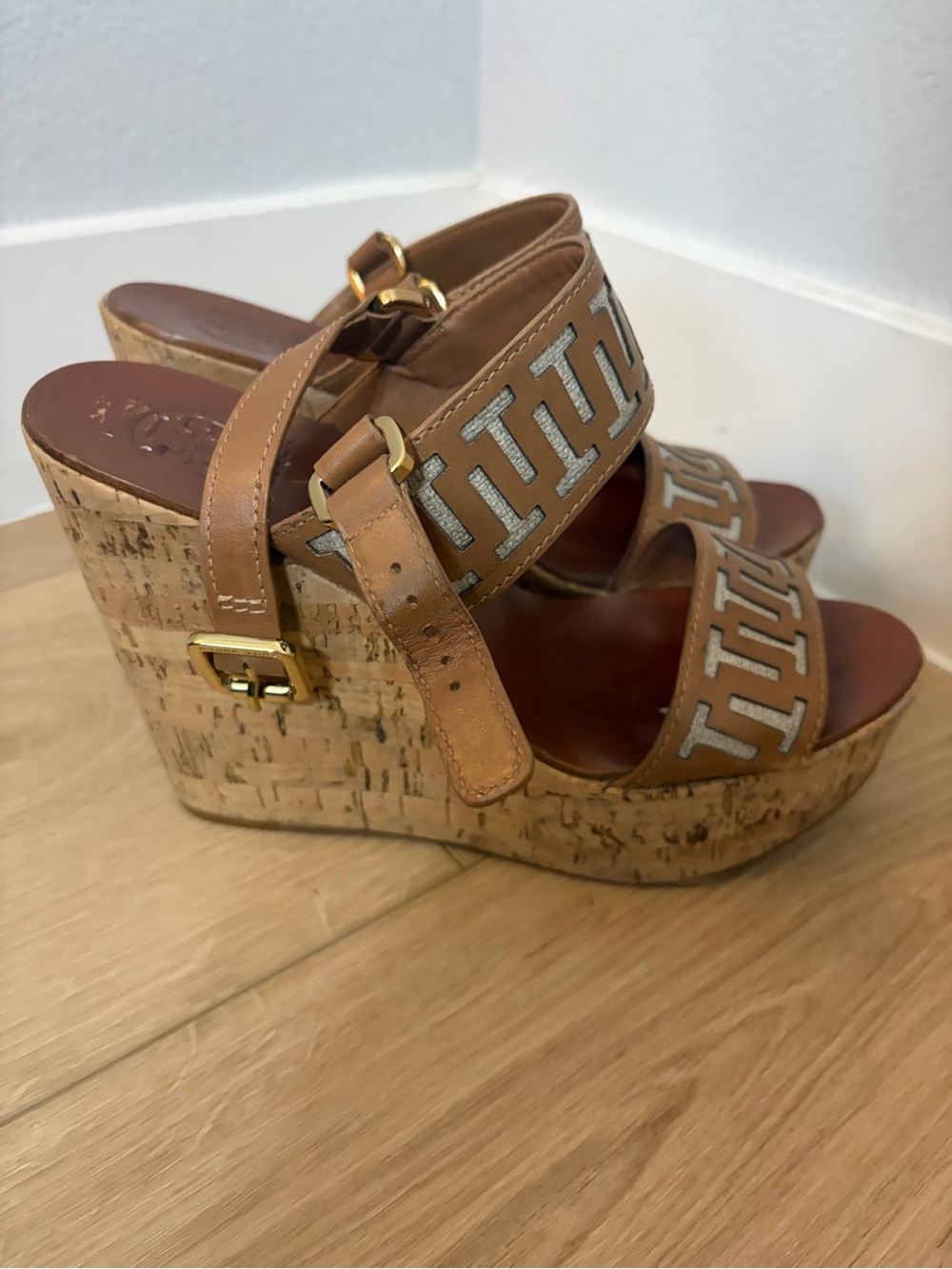 Tory Burch Tan Cork Embroidered Logo Wedge Sandals